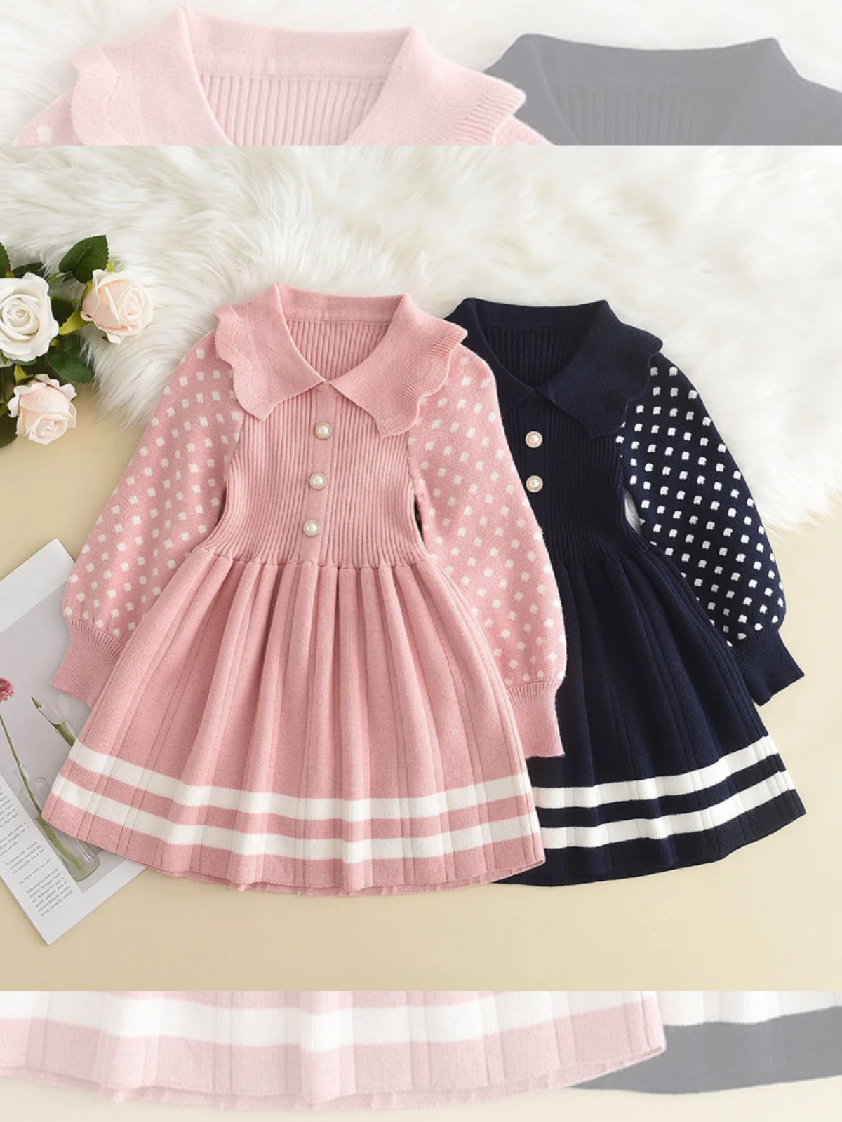 Adorable Polka Dot Sleeve Pleated Knit Dress