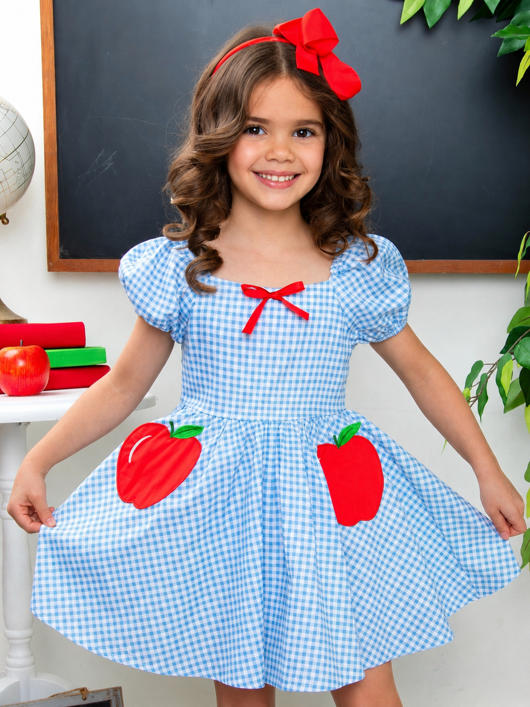 Apple Sweetheart Gingham Puff Sleeve Cotton Dress
