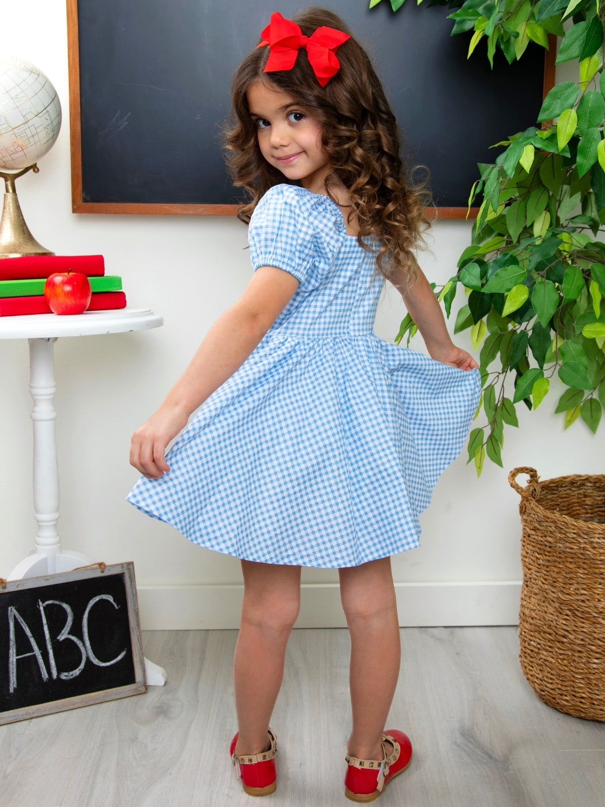 Apple Sweetheart Gingham Puff Sleeve Cotton Dress