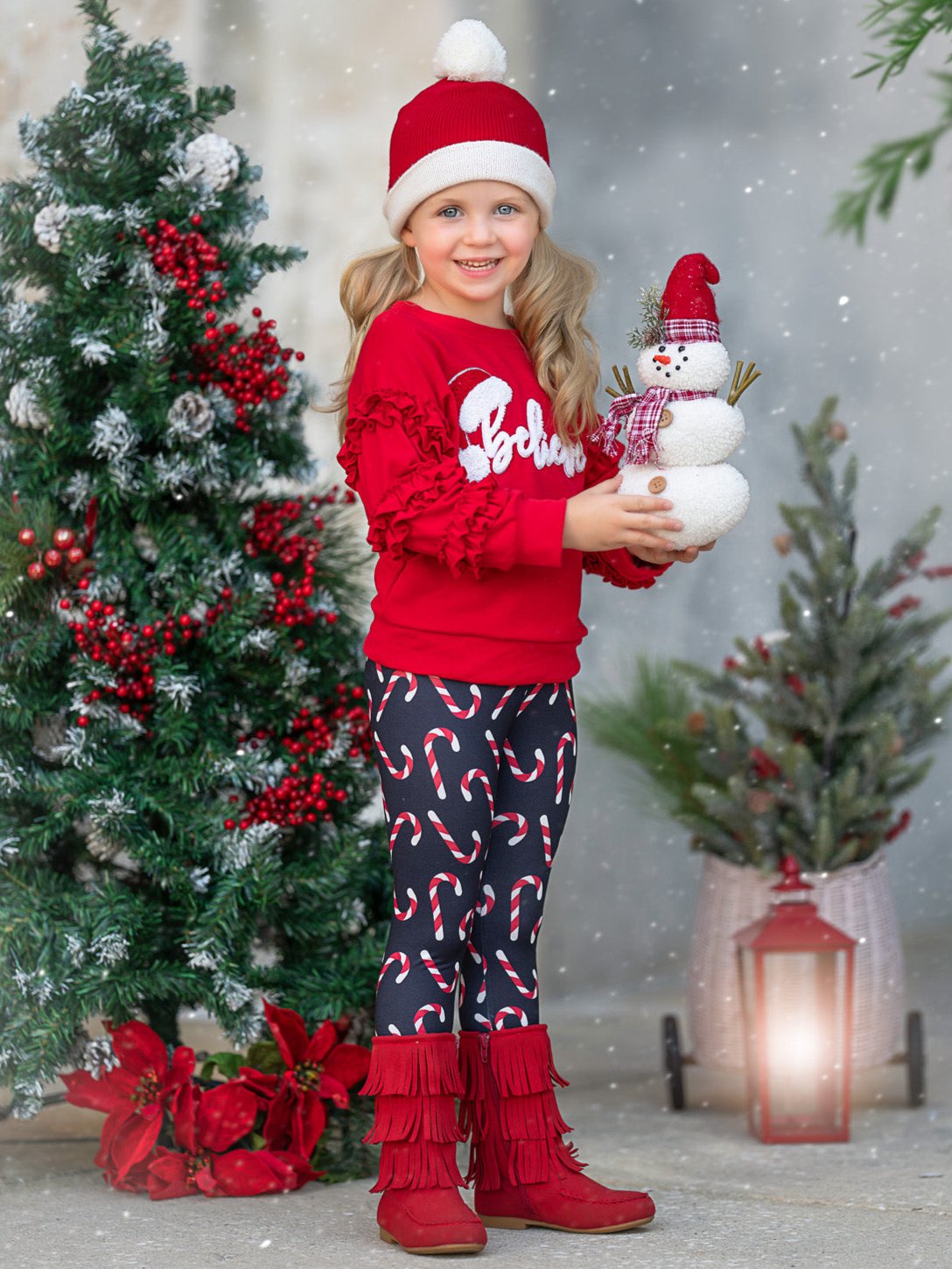 "Believe" Embroidered Christmas Top & Candy Cane Legging Set