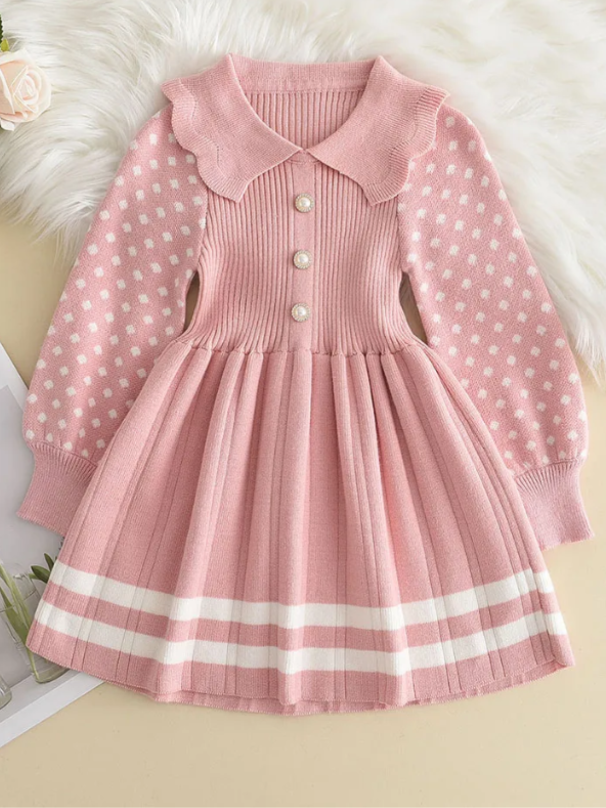 Adorable Polka Dot Sleeve Pleated Knit Dress